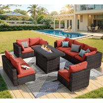 Grezone 9 Pieces Patio Furniture Set with Fire Pit Table, All Weather Outdoor Sectional PE Rattan, Patio Conversation Sets with Gas Fire Pit and Cushions for Garden Lawn Balcony Porch Deck, Red