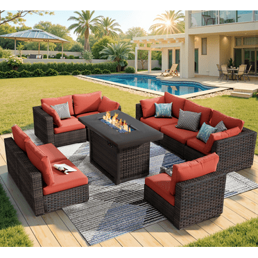 Grezone 9 Pieces Patio Furniture Set with Fire Pit Table, All Weather Outdoor Sectional PE Rattan, Patio Conversation Sets with Gas Fire Pit and Cushions for Garden Lawn Balcony Porch Deck, Red
