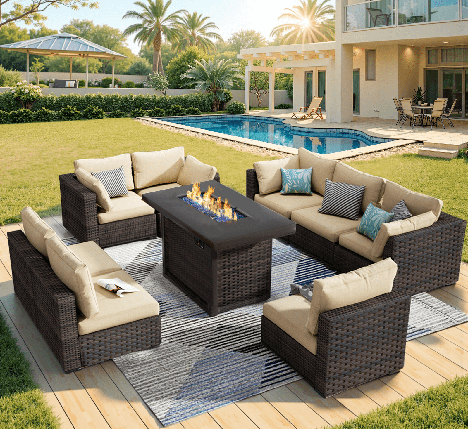 Grezone 9 Pieces Patio Furniture Set with Fire Pit Table, All Weather Outdoor Sectional PE Rattan, Patio Conversation Sets with Gas Fire Pit and Cushions for Garden Lawn Balcony Porch Deck, Beige
