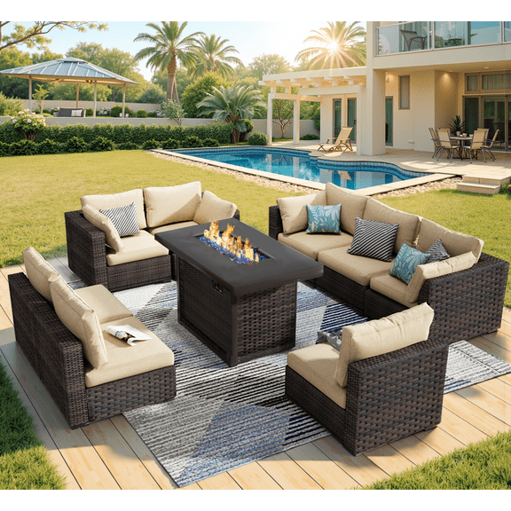 Grezone 9 Pieces Patio Furniture Set with Fire Pit Table, All Weather Outdoor Sectional PE Rattan, Patio Conversation Sets with Gas Fire Pit and Cushions for Garden Lawn Balcony Porch Deck, Beige
