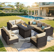 Grezone 9 Pieces Patio Furniture Set with Fire Pit Table, All Weather Outdoor Sectional PE Rattan, Patio Conversation Sets with Gas Fire Pit and Cushions for Garden Lawn Balcony Porch Deck, Beige