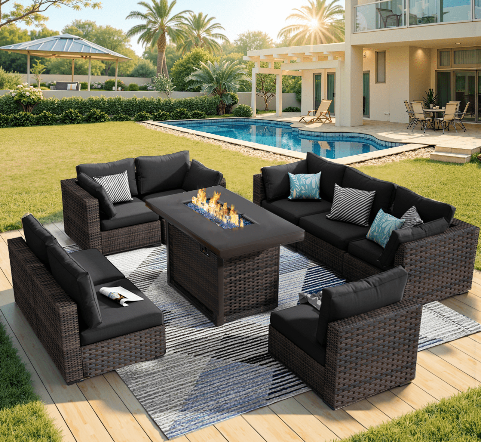 Grezone 9 Pieces Patio Furniture Set with Fire Pit Table, All Weather Outdoor Sectional PE Rattan, Patio Conversation Sets with Gas Fire Pit and Cushions for Garden Lawn Balcony Porch Deck, Black