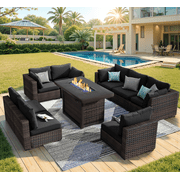 Grezone 9 Pieces Patio Furniture Set with Fire Pit Table, All Weather Outdoor Sectional PE Rattan, Patio Conversation Sets with Gas Fire Pit and Cushions for Ga