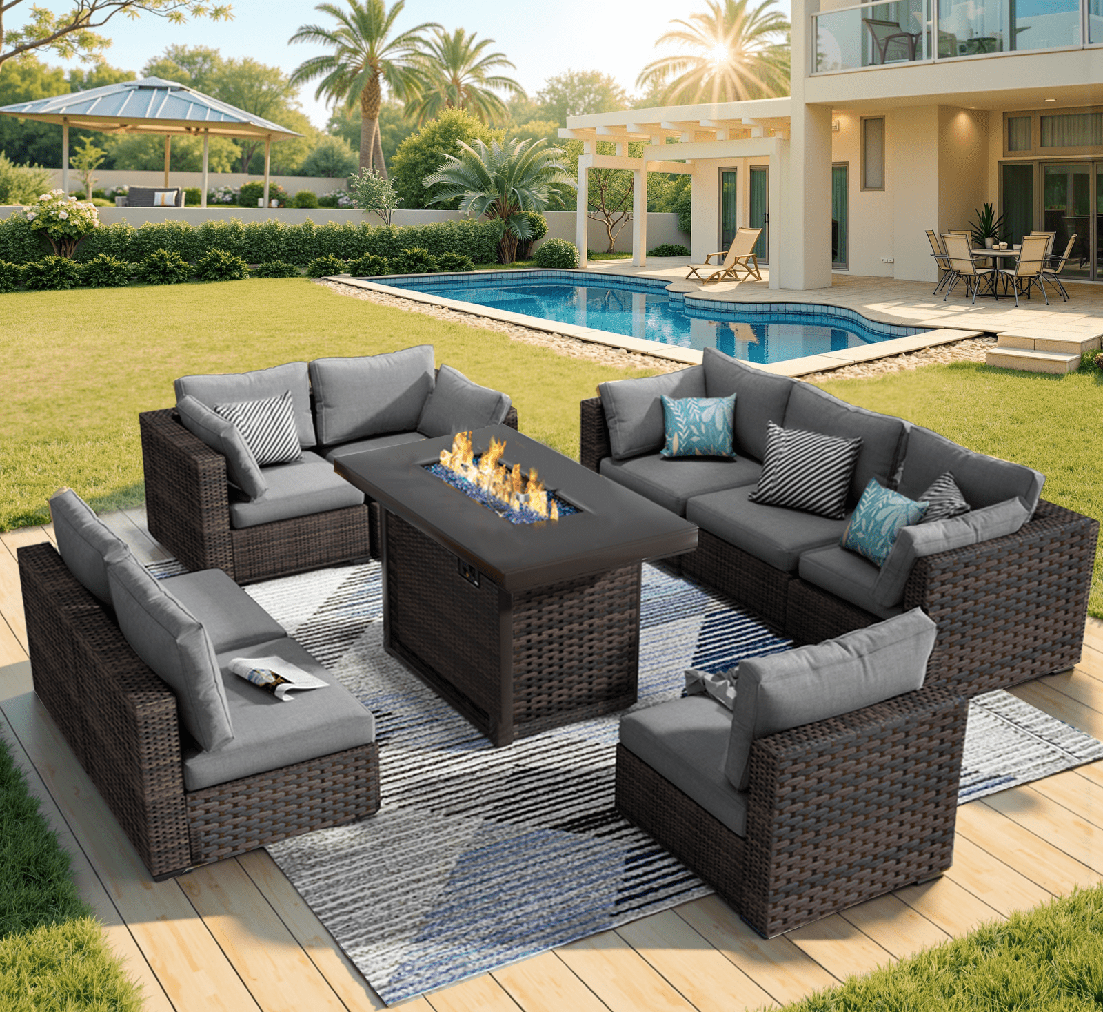 Grezone 9 Pieces Patio Furniture Set with Fire Pit Table, All Weather Outdoor Sectional PE Rattan, Patio Conversation Sets with Gas Fire Pit and Cushions for Garden Lawn Balcony Porch Deck, Grey