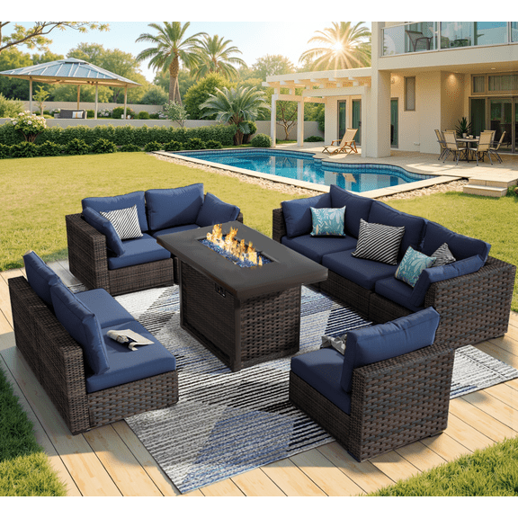 Grezone 9 Pieces Patio Furniture Set with Fire Pit Table, All Weather Outdoor Sectional PE Rattan, Patio Conversation Sets with Gas Fire Pit and Cushions for Garden Lawn Balcony Porch Deck, Blue