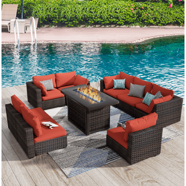 Grezone 9 Pieces Patio Furniture Set with Fire Pit Table, All Weather Outdoor Sectional PE Rattan, Patio Conversation Sets with Gas Fire Pit and Cushions for Garden Lawn Balcony Porch Deck, Red