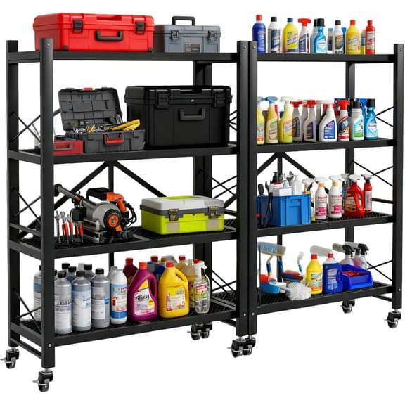 Grezone Foldable Shelves 4 Tier Heavy Duty Metal Storage Shelves with Wheels - No Assembly Collapsible Shelving Unit for Kitchen Garage Hold up to 1000 lbs 2-Set