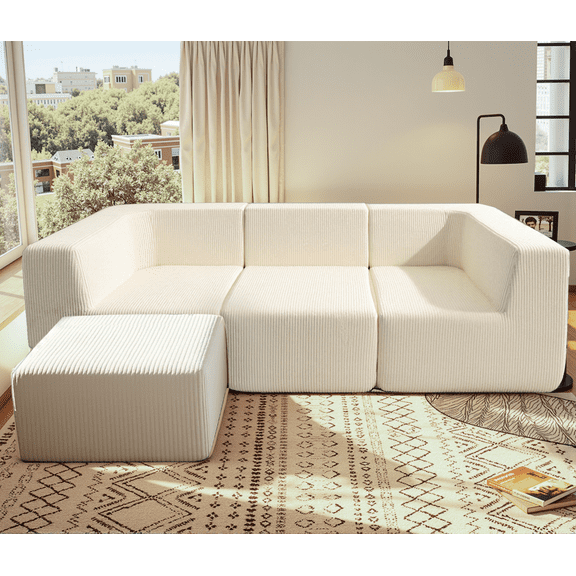 Grezone Indoor Sectional Couch with L-Shape Chaise Modern Comfy Modular Corduroy Sofa for Living Room, No Assembly Required, Off-White