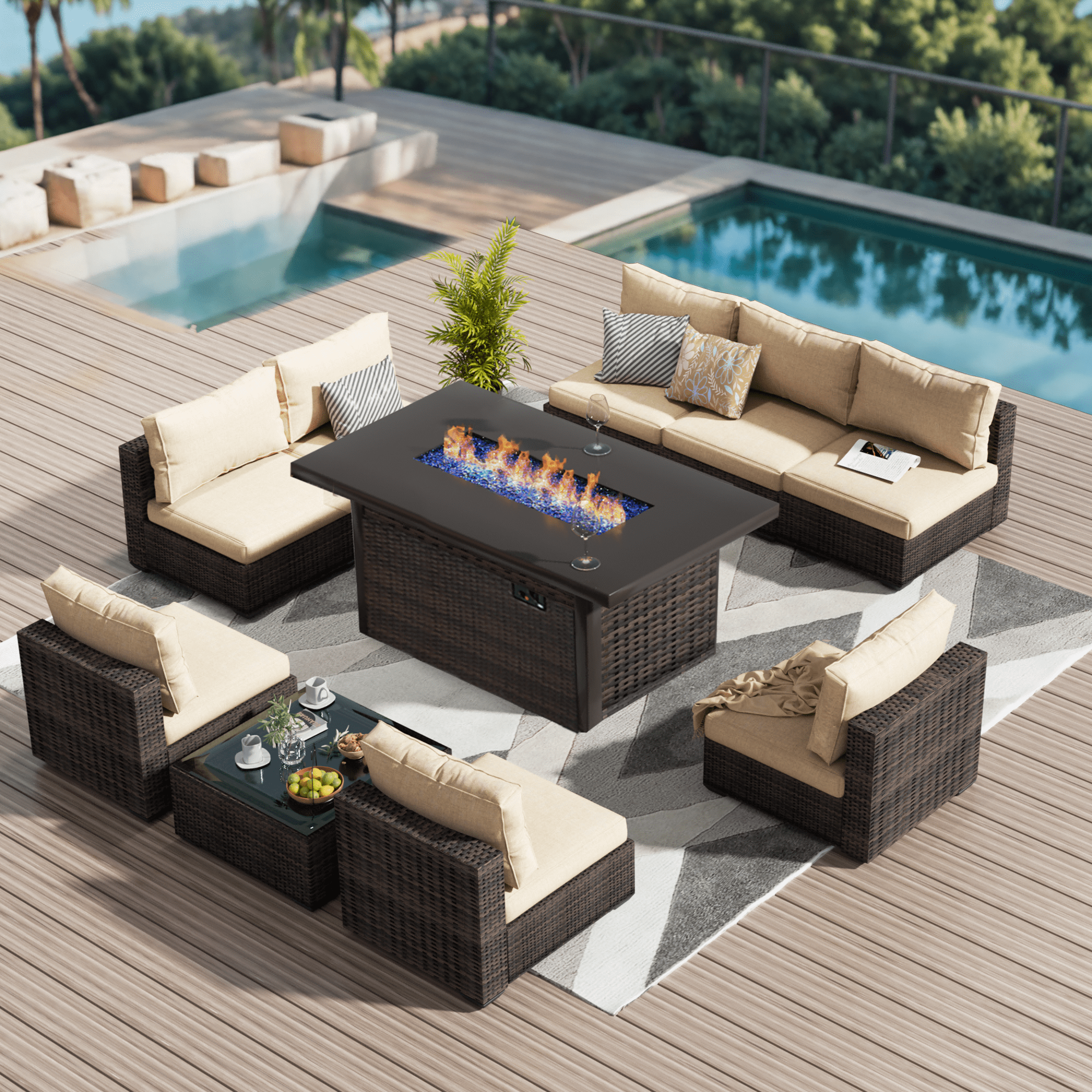 Grezone Outdoor Garden 10 Piece Patio Furniture Rattan Wicker Sectional Set, White