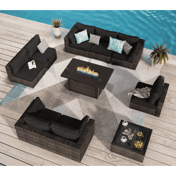 Grezone Outdoor Garden 10 Piece Patio Furniture with 43" 55000BTU Gas Propane Fire Pit Table Rattan Wicker Sectional Set, Black