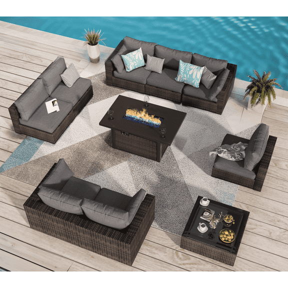 Grezone Outdoor Garden 10 Piece Patio Furniture with 43" 55000BTU Gas Propane Fire Pit Table Rattan Wicker Sectional Set, Grey