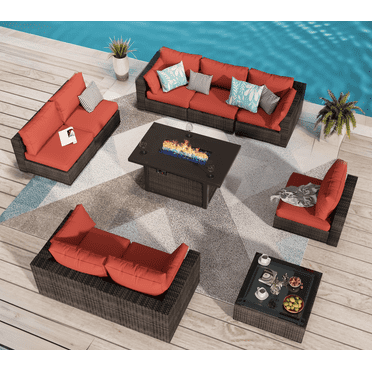 Grezone Outdoor Garden 10 Piece Patio Furniture with 43" 55000BTU Gas Propane Fire Pit Table Rattan Wicker Sectional Set, Red