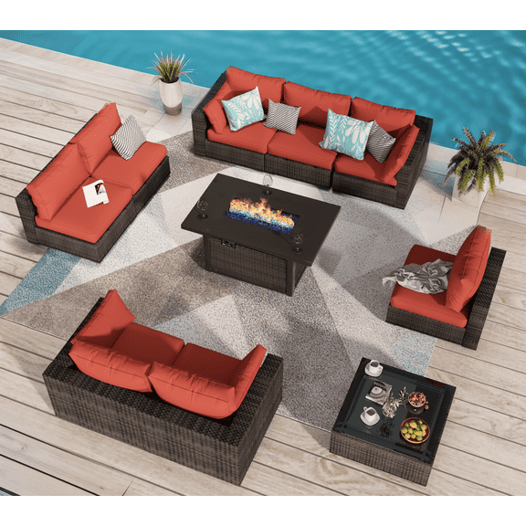 Grezone Outdoor Garden 10 Piece Patio Furniture with 43" 55000BTU Gas Propane Fire Pit Table Rattan Wicker Sectional Set, Red
