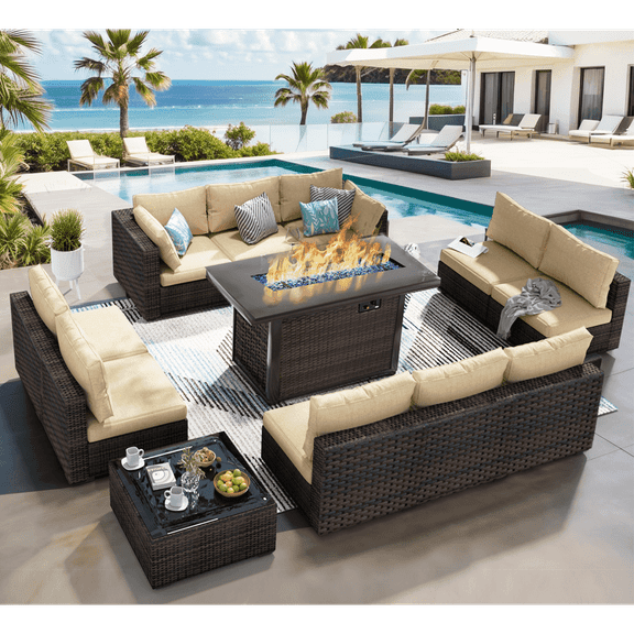 Grezone Outdoor Garden 12 Piece Patio Furniture with 43" 55000BTU Gas Propane Fire Pit Table Rattan Wicker Sectional Set, Beige