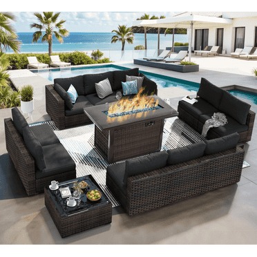 Grezone Outdoor Garden 12 Piece Patio Furniture with 43" 55000BTU Gas Propane Fire Pit Table Rattan Wicker Sectional Set, Black