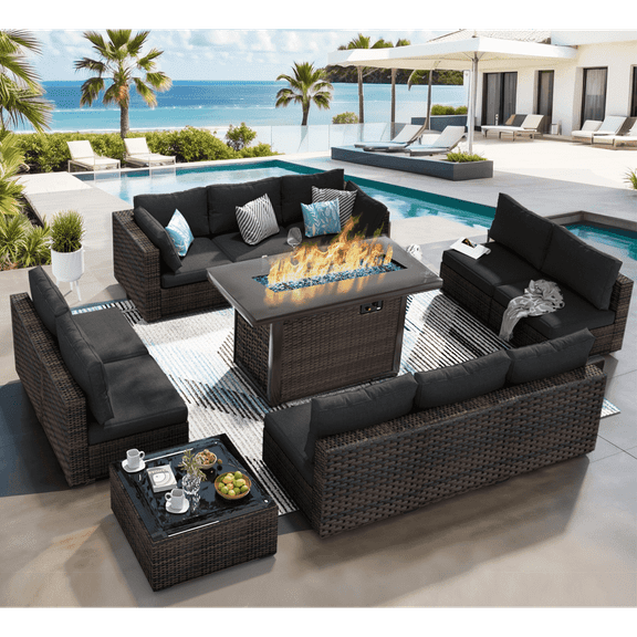 Grezone Outdoor Garden 12 Piece Patio Furniture with 43" 55000BTU Gas Propane Fire Pit Table Rattan Wicker Sectional Set, Black