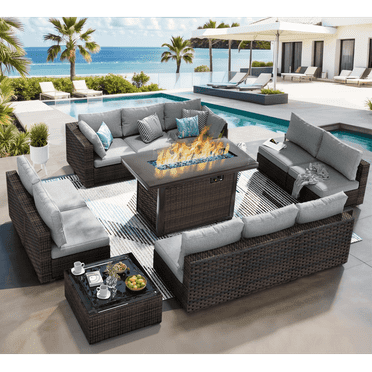 Grezone Outdoor Garden 12 Piece Patio Furniture with 43" 55000BTU Gas Propane Fire Pit Table Rattan Wicker Sectional Set, Grey