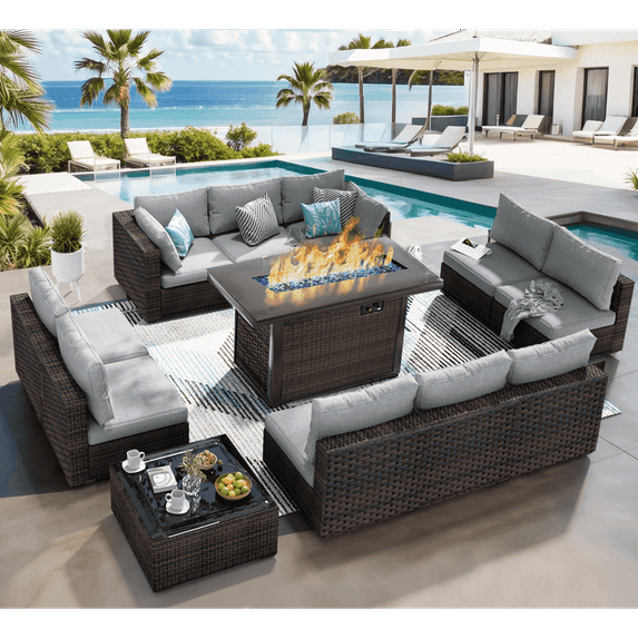 Grezone Outdoor Garden 12 Piece Patio Furniture with 43" 55000BTU Gas Propane Fire Pit Table Rattan Wicker Sectional Set, Grey