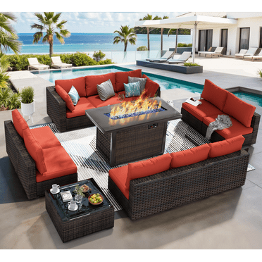 Grezone Outdoor Garden 12 Piece Patio Furniture with 43" 55000BTU Gas Propane Fire Pit Table Rattan Wicker Sectional Set, Red