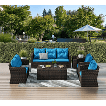 Grezone Outdoor Garden 7 Piece Patio Furniture Rattan Wicker Sectional Set, Blue