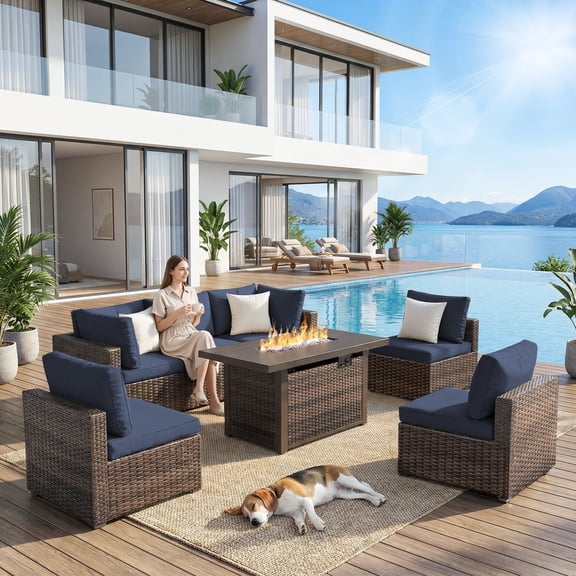 Grezone Outdoor Garden 8 Piece Patio Furniture with 43" 55000BTU Gas Propane Fire Pit Table Rattan Wicker Sectional Set, Beige