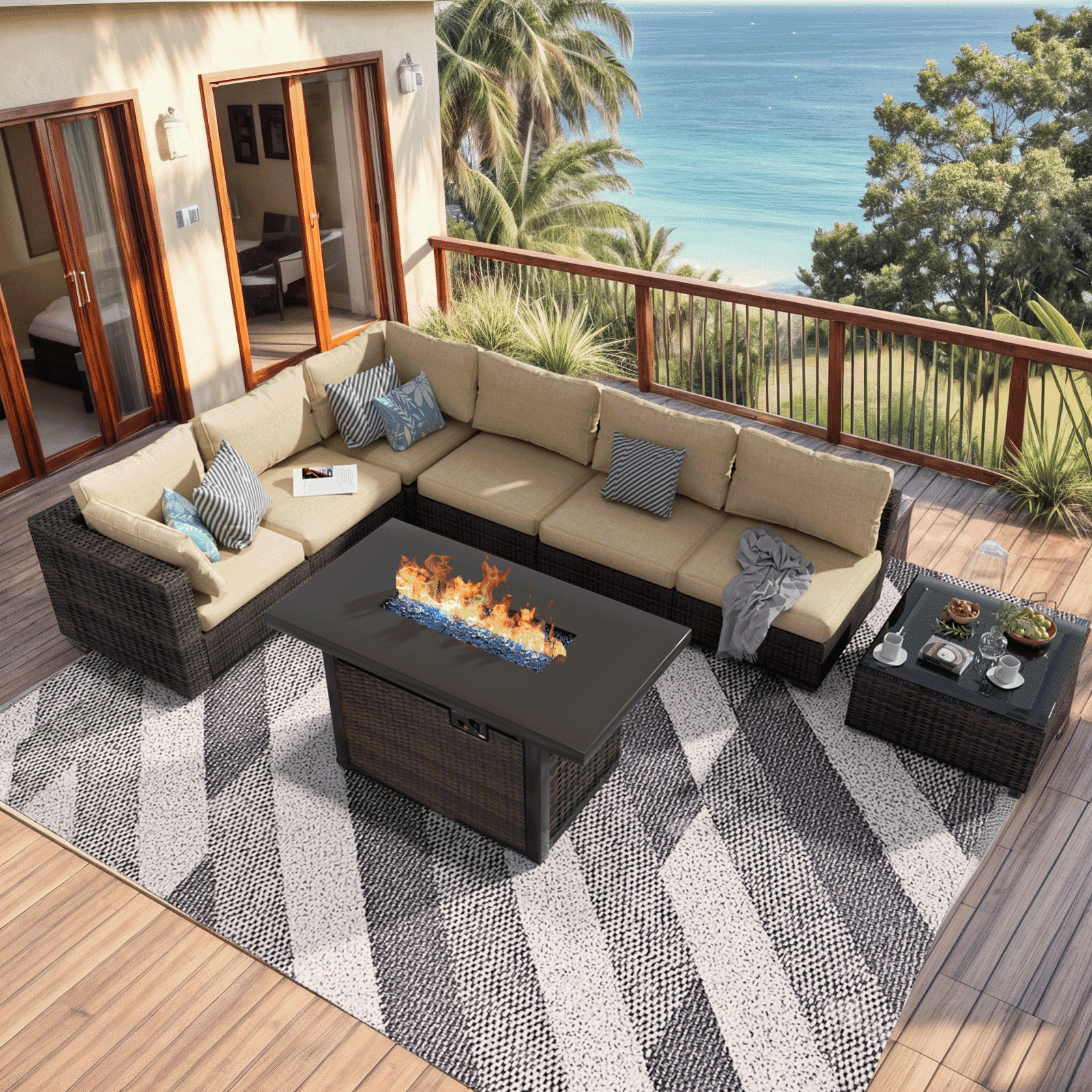 Grezone Patio Furniture Set,8 Piece Patio Furniture Set with Fire Pit Table,PE Wicker Rattan Sectional Sofa Patio Conversation Set with Thickened Cushions, Beige