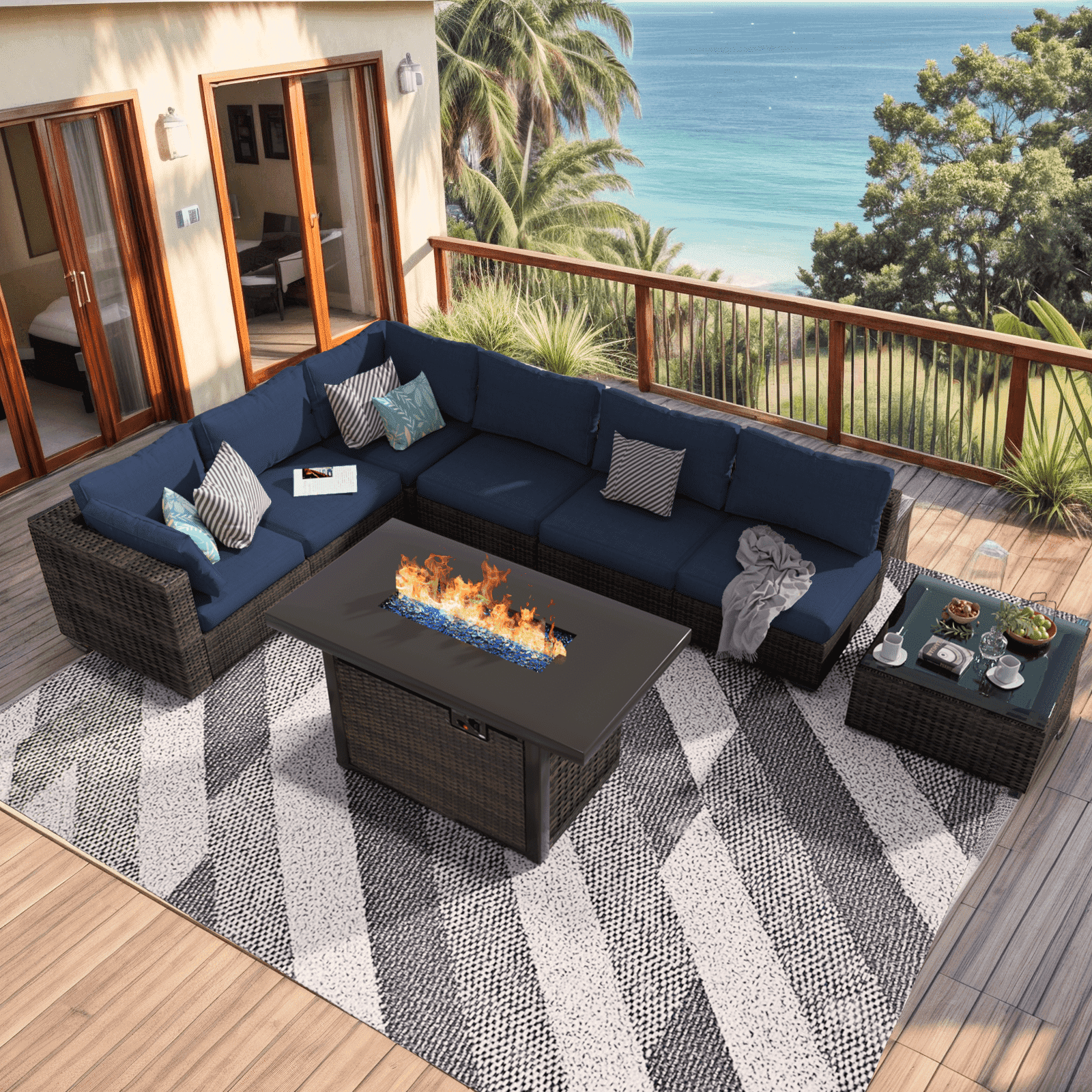 Grezone Patio Furniture Set,8 Piece Patio Furniture Set with Fire Pit Table,PE Wicker Rattan Sectional Sofa Patio Conversation Set with Thickened Cushions, Blue