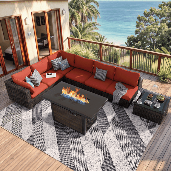 Grezone Patio Furniture Set,8 Piece Patio Furniture Set with Fire Pit Table,PE Wicker Rattan Sectional Sofa Patio Conversation Set with Thickened Cushions, RED