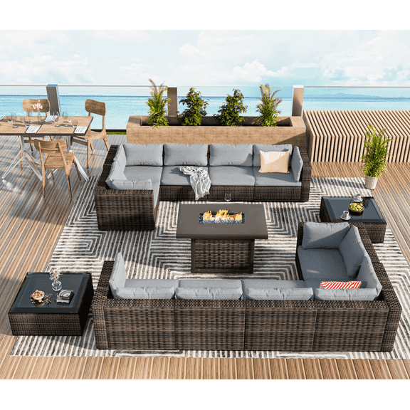 Grezone Patio Furniture Sets 13 Pieces Sectional Outdoor Furniture Sofa Chairs Set All Weather PE Rattan Wicker Couch Conversation Set, Grey