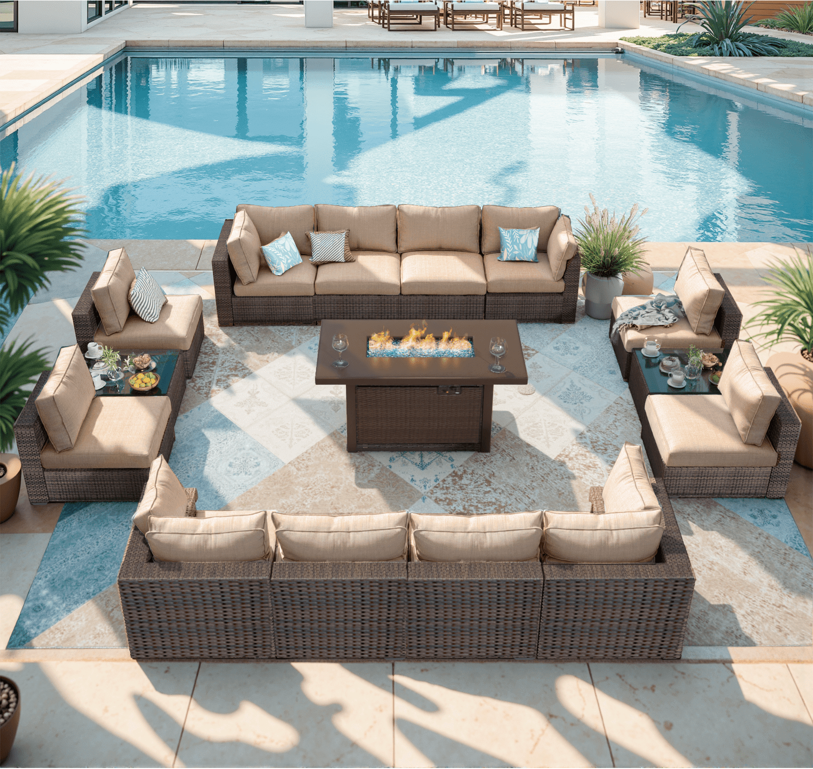 Grezone Patio Furniture Sets 15 Pieces Sectional Outdoor Furniture Sofa Chairs Set All Weather PE Rattan Wicker Couch Conversation Set Beige