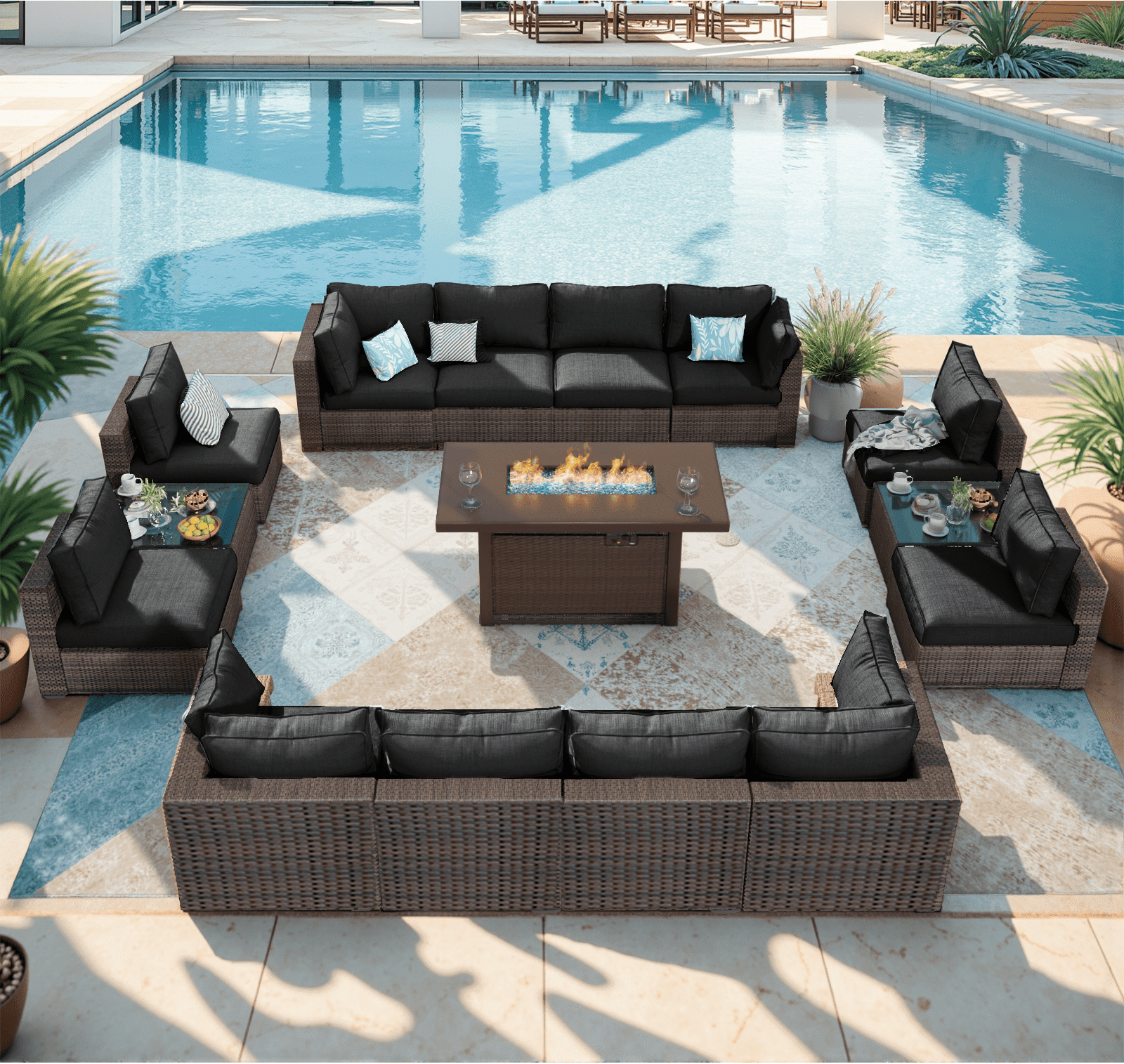 Grezone Patio Furniture Sets 15 Pieces Sectional Outdoor Furniture Sofa Chairs Set All Weather PE Rattan Wicker Couch Conversation Set Black