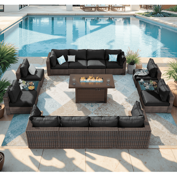 Grezone Patio Furniture Sets 15 Pieces Sectional Outdoor Furniture Sofa Chairs Set All Weather PE Rattan Wicker Couch Conversation Set Black