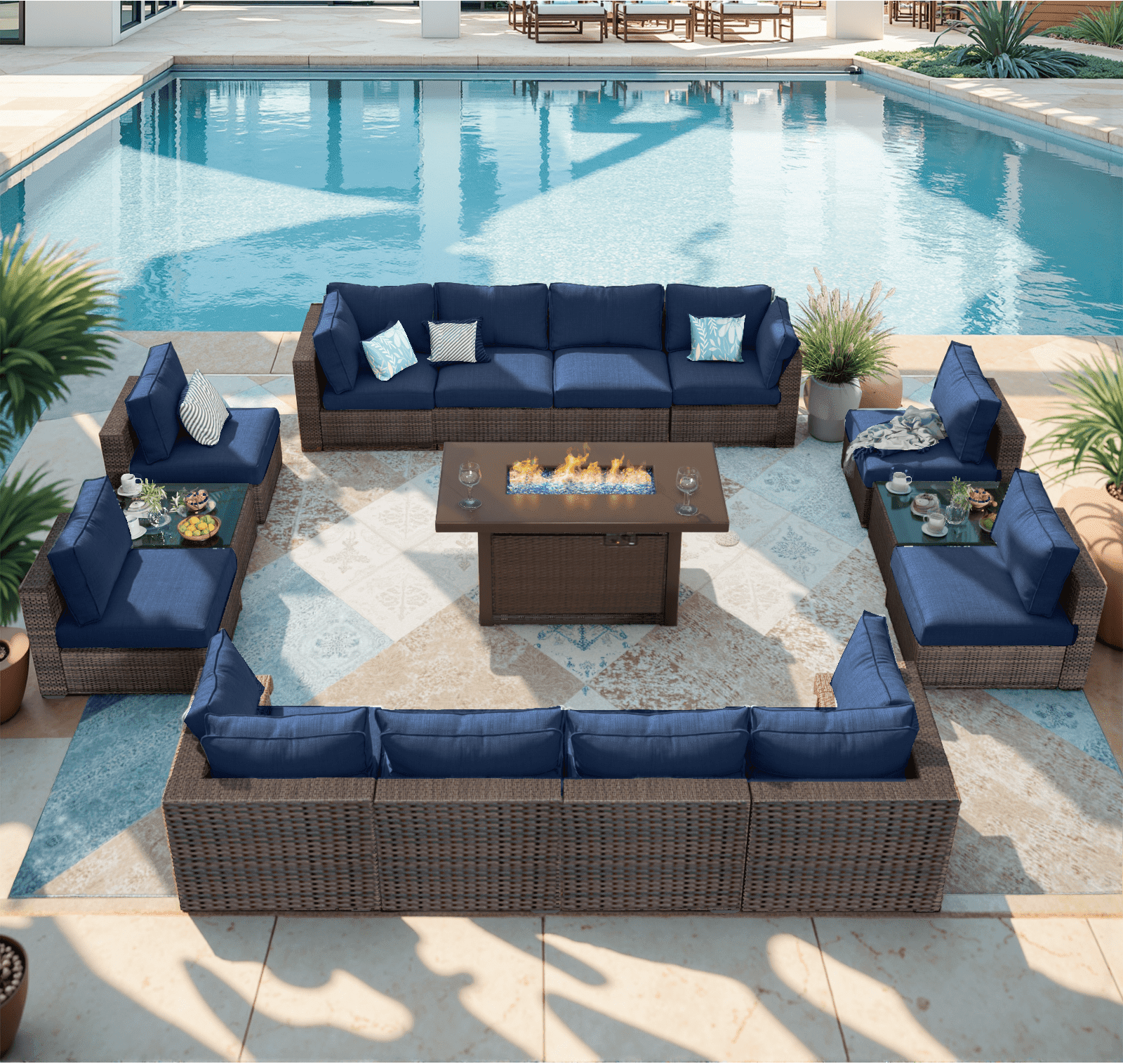 Grezone Patio Furniture Sets 15 Pieces Sectional Outdoor Furniture Sofa Chairs Set All Weather PE Rattan Wicker Couch Conversation Set (Blue)