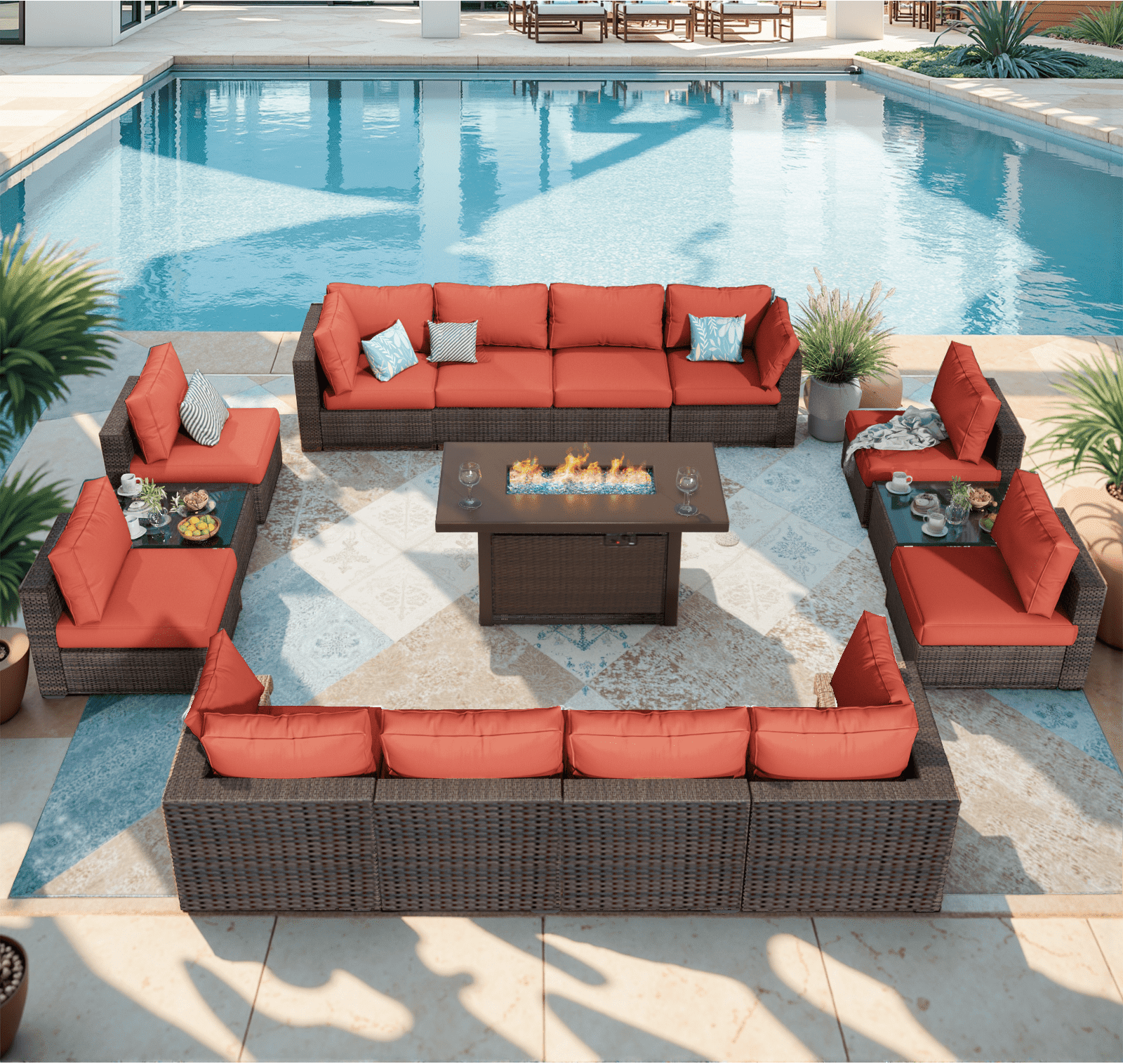Grezone Patio Furniture Sets 15 Pieces Sectional Outdoor Furniture Sofa Chairs Set All Weather PE Rattan Wicker Couch Conversation Set, Red