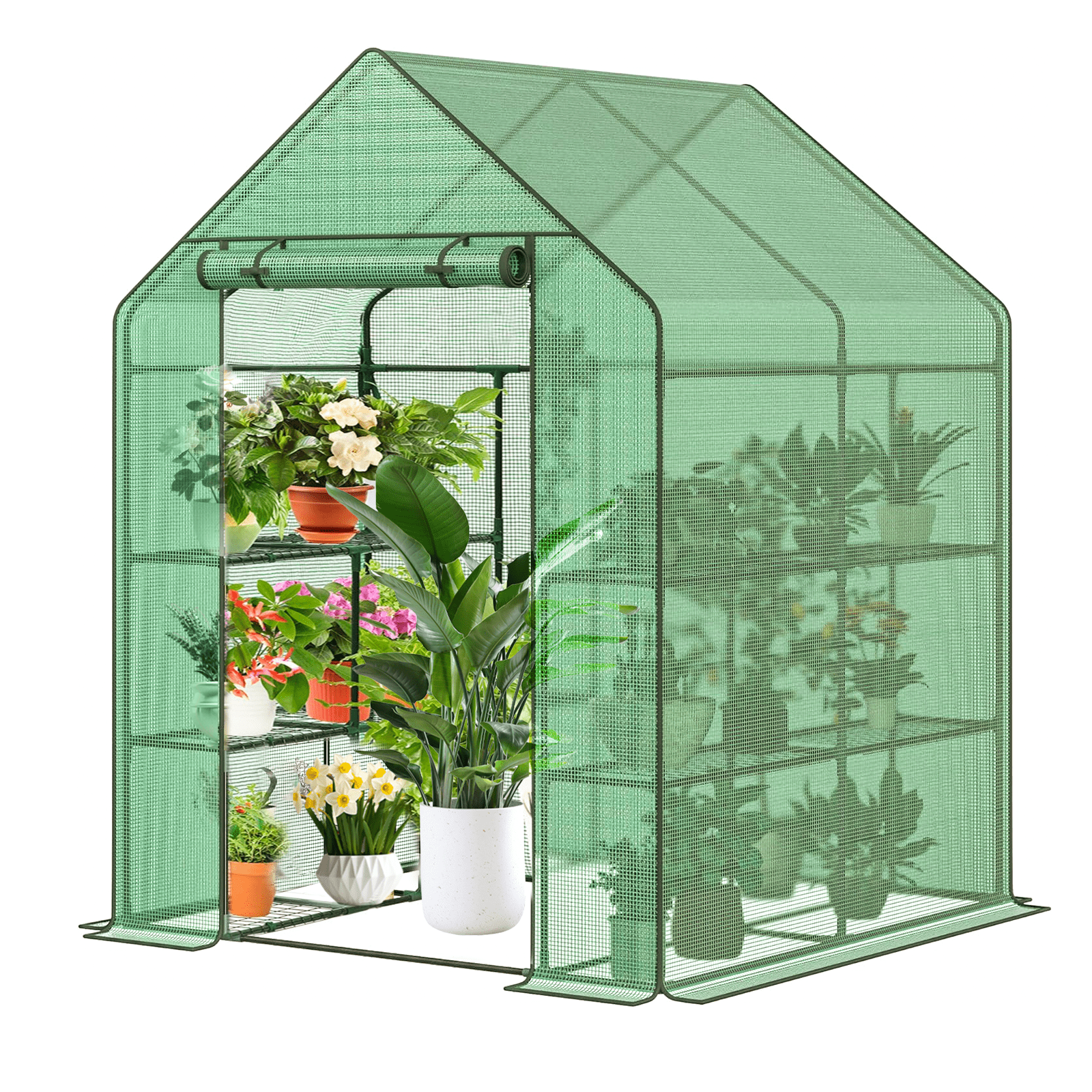 Grezone Small Greenhouse with Anchors and Ropes, 3 Tier 4 Wired Shelves Indoor and Outdoor Greenhouse for Garden/Patio/Backyard/Balcony, Green PE Cover Easy to Assemble