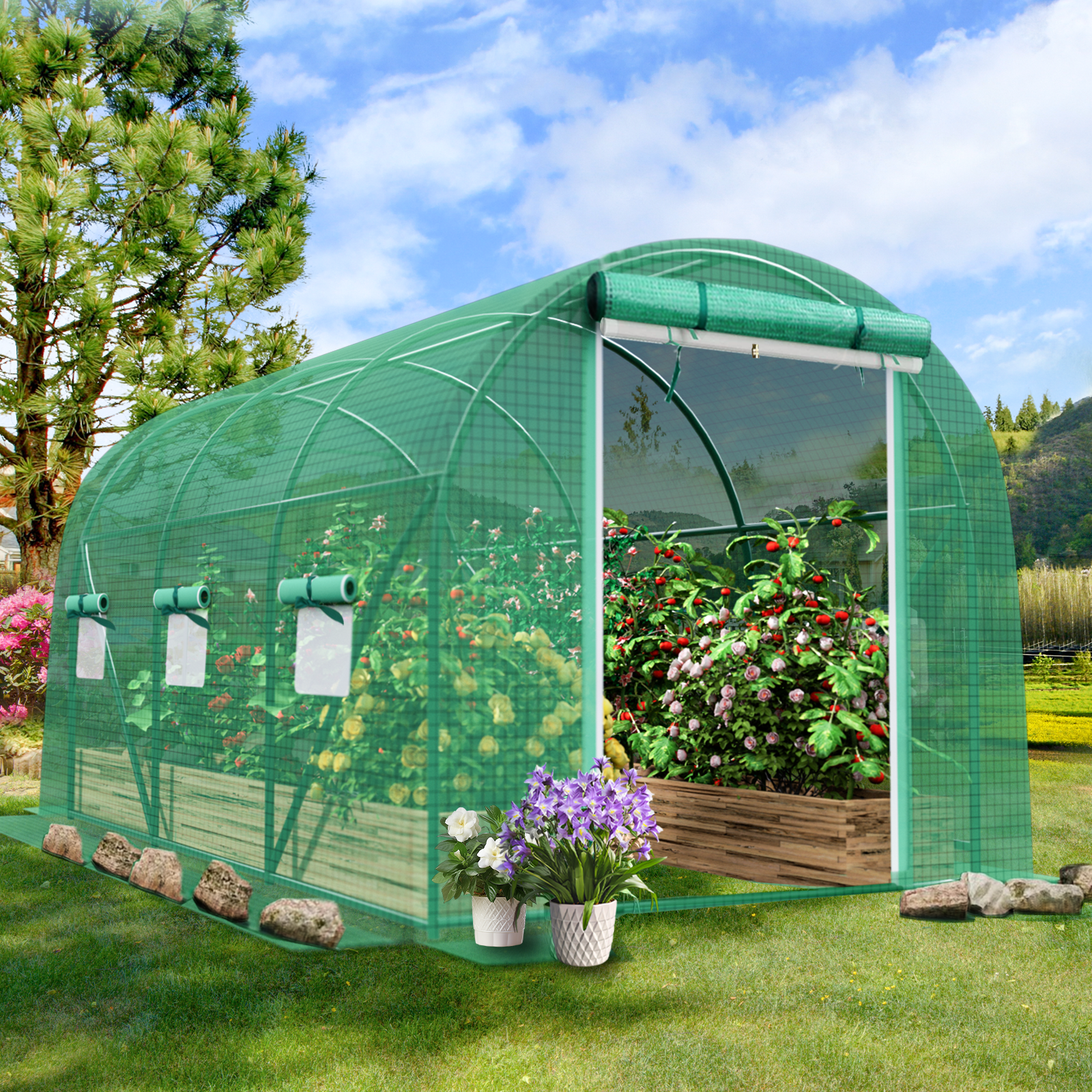 Grezone Walk-in Tunnel Greenhouse 11.5x6.6x6.6 FT Upgraded Green House with Dual Zippered Screen Doors & 6 Screen Windows Heavy Duty Plastic Plant Warm House with Reinforced Frame