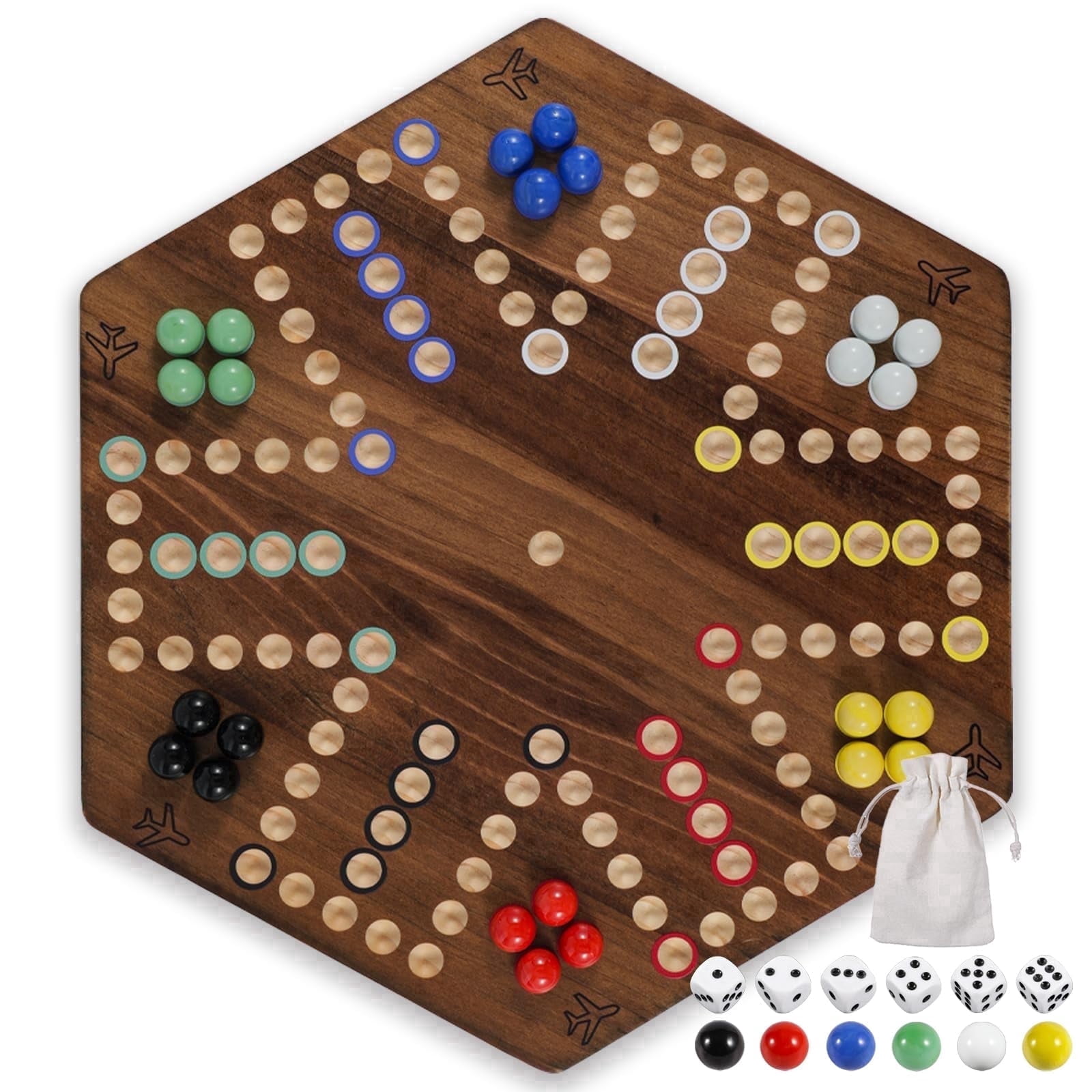 Grhonior 20 in Wooden Fast Track Board Game Original Wahoo Board Game for 6 and 4 Players with Marbles and Dices Burnt Color Board Marble Game