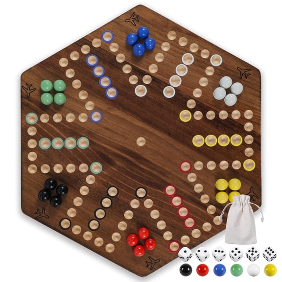Grhonior 20 in Wooden Fast Track Board Game Original Wahoo Board Game for 6 and 4 Players with Marbles and Dices Burnt Color Board Marble Game