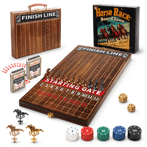Grhonior Horse Race Board Game Foldable Solid Wood Horse Racing Game With 11 Luxury Metal Horses, Cards and Dice for Adults, Finish Line Family Party Game with 2 Dice & 100 Chips
