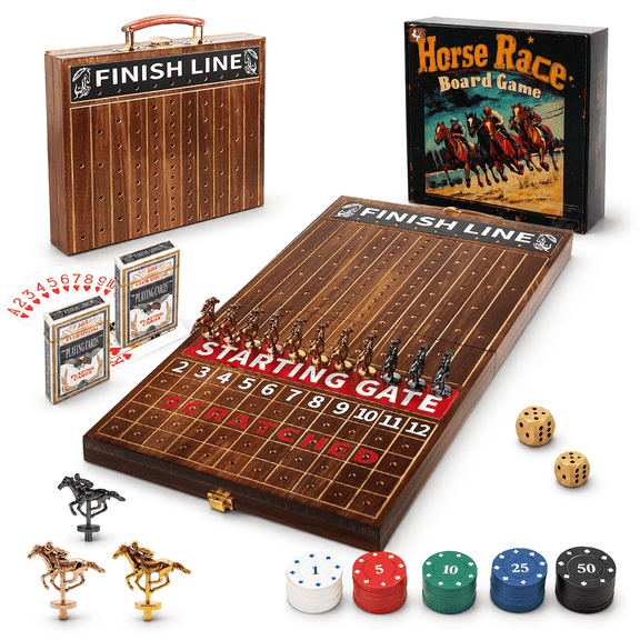 Grhonior Horse Race Board Game Foldable Solid Wood Horse Racing Game With 11 Luxury Metal Horses, Cards and Dice for Adults, Finish Line Family Party Game with 2 Dice & 100 Chips