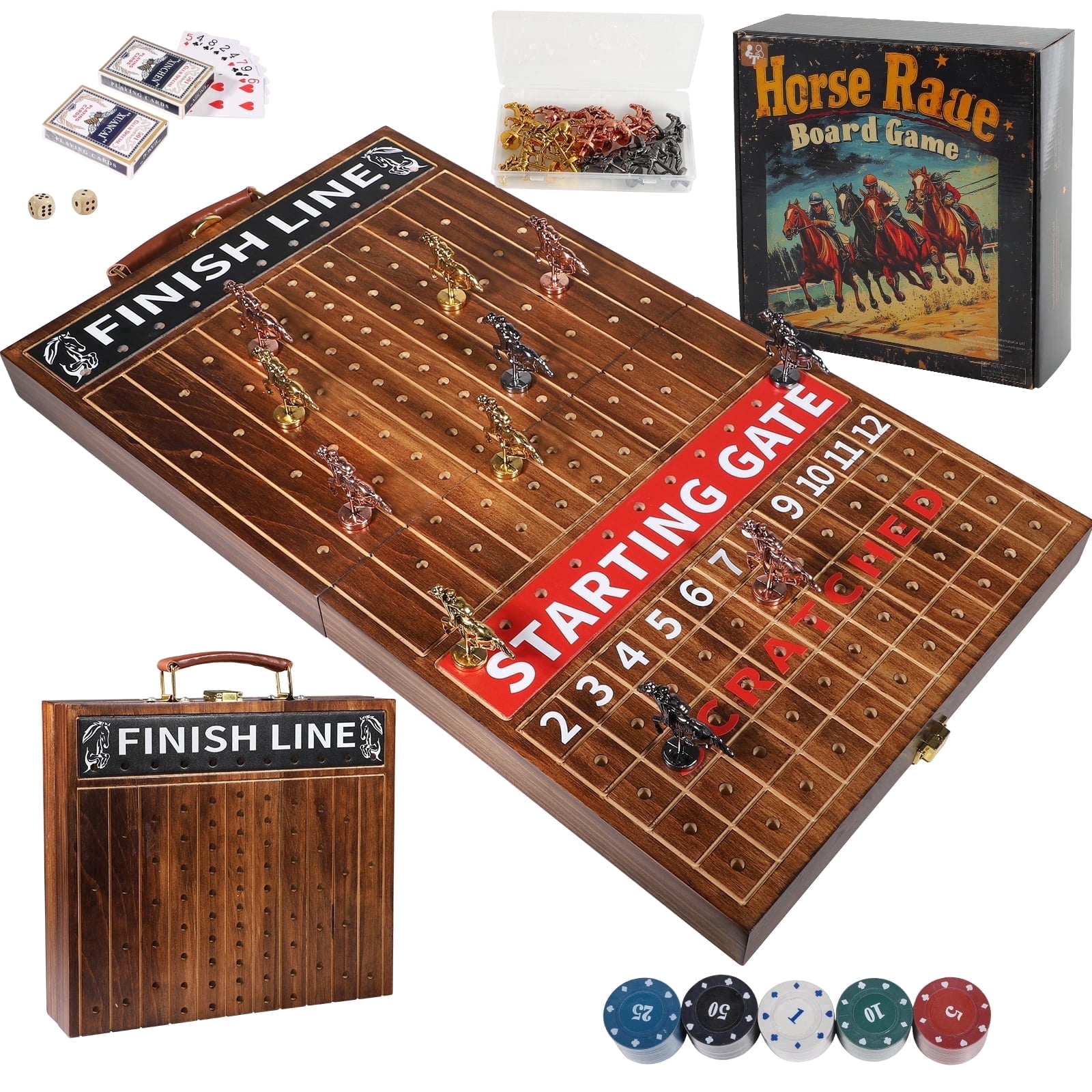 Grhonior Horse Race Board Game Foldable Portable 11 Luxury Metal Horses Suitable for Family Gatherings