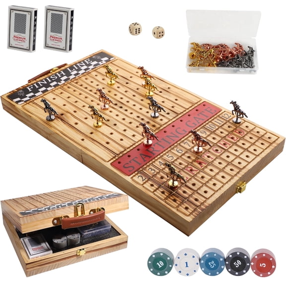 Grhonior Horse Race Board Game - Foldable Horse Racing Game with Cards and Diceļ¼11 Luxury Metal Horses 100 Chip, Foldable Design Holds All Pieces,Portable Board Game for Family Nights & Parties
