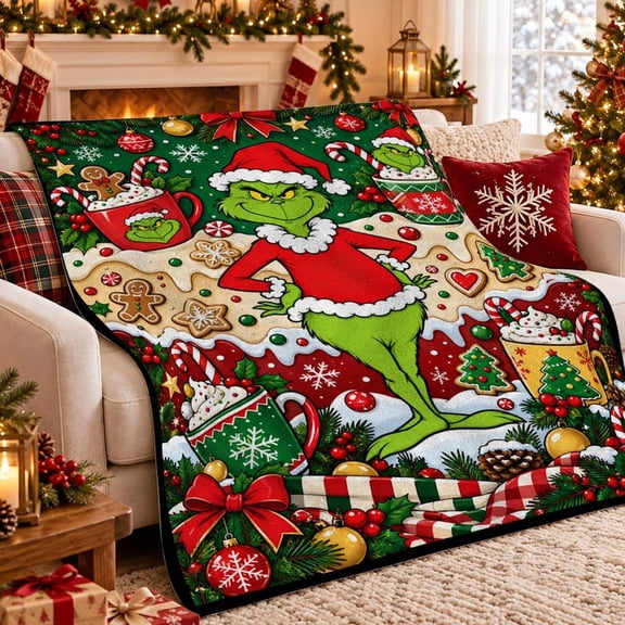 Gri.nch Christmas Flannel Blanket, Gingerbread Cookies Hot Cocoa Festive Holiday Graphic Throw Blanket