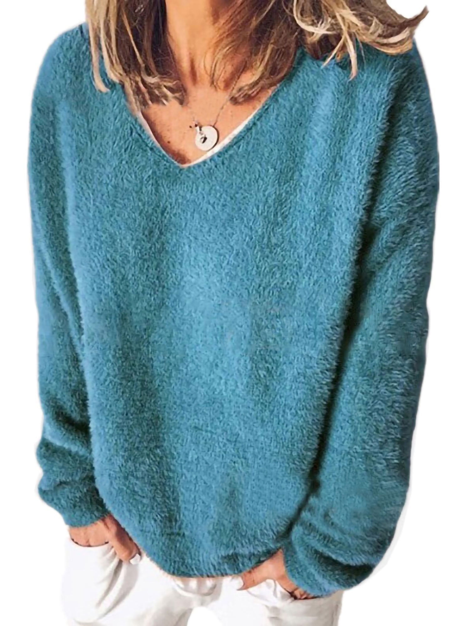 Grianlook Autumn Fluffy Fleece Pullover for Women Lightweight Long Sleeve Sweatshirt Casual Fuzzy Warm Jumper Tops Blue XL Walmart