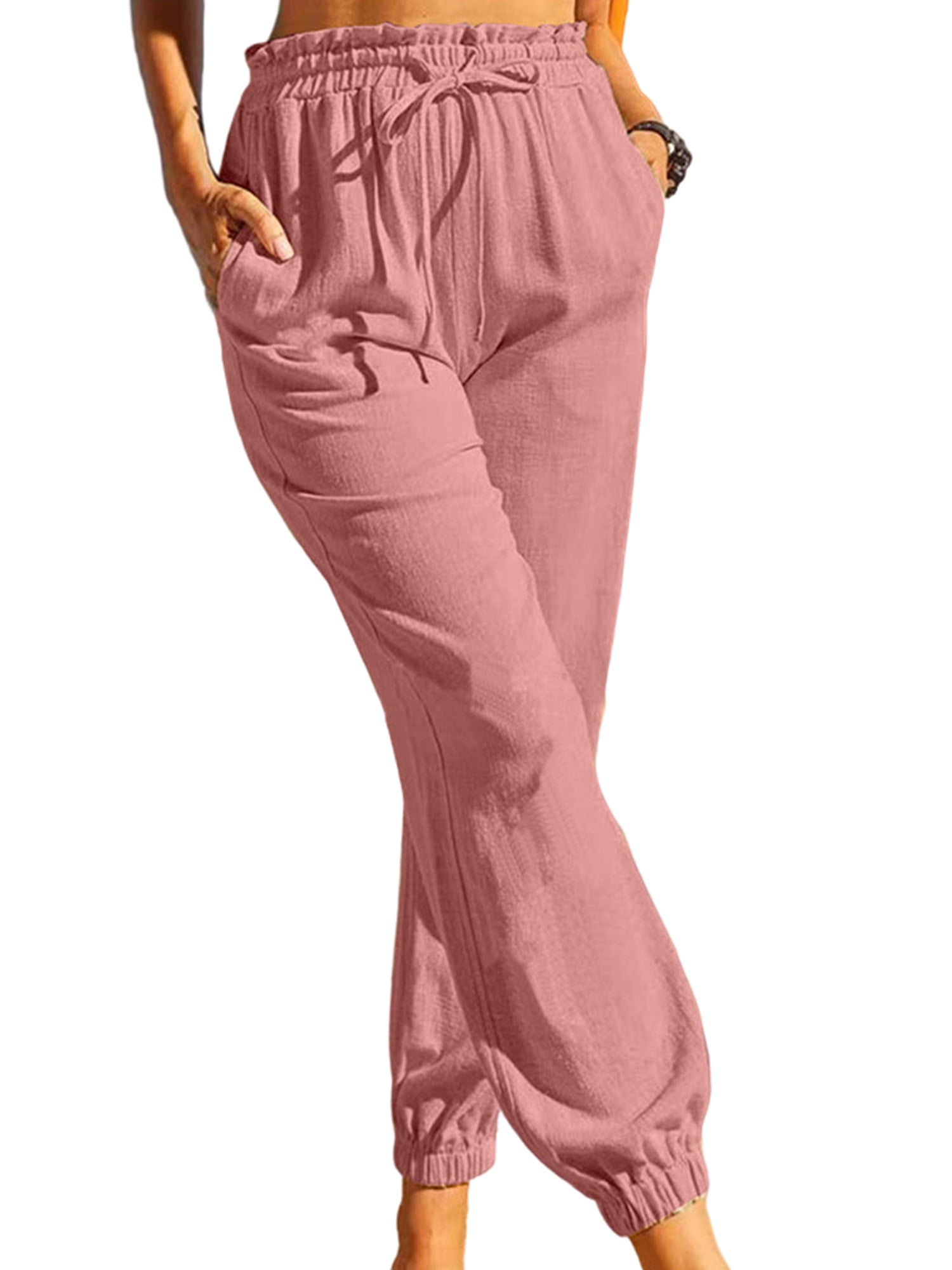Grianlook Casual Beach Pants For Women's Joggers Pants Drawstring Running  Sweatpants with Pockets Lounge Wear Linen Straight Crop Pants