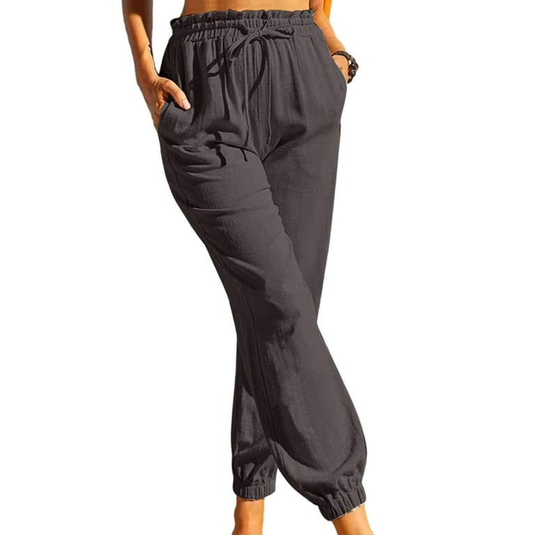 Grianlook Casual Beach Pants For Women's Joggers Pants Drawstring Running  Sweatpants with Pockets Lounge Wear Linen Straight Crop Pants