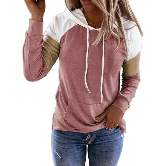 Grianlook Colorblocks Fashion Tops For Womens Drawstring Neck Pullover Hoodies Casual Long Sleeve Sweatshirts With Pocket Pink 2XL