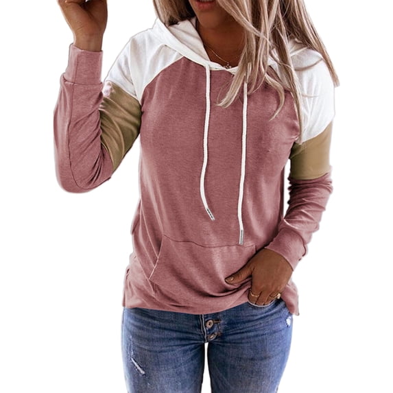Grianlook Colorblocks Fashion Tops For Womens Drawstring Neck Pullover Hoodies Casual Long Sleeve Sweatshirts With Pocket Pink 3XL
