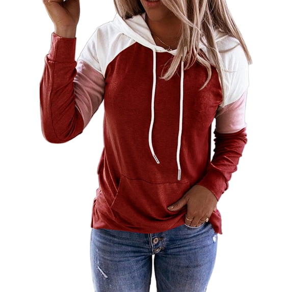 Grianlook Colorblocks Fashion Tops For Womens Drawstring Neck Pullover Hoodies Casual Long Sleeve Sweatshirts With Pocket Red 4XL