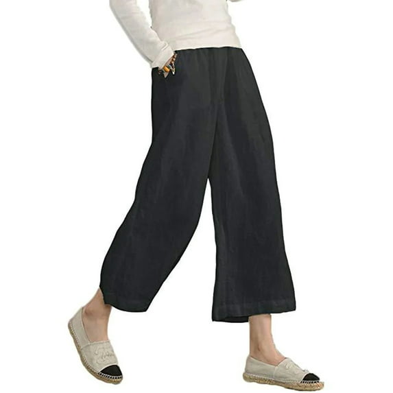 Grianlook Crop Pants for Women Linen Capris Elastic Waist Wide Leg Pants with Pockets